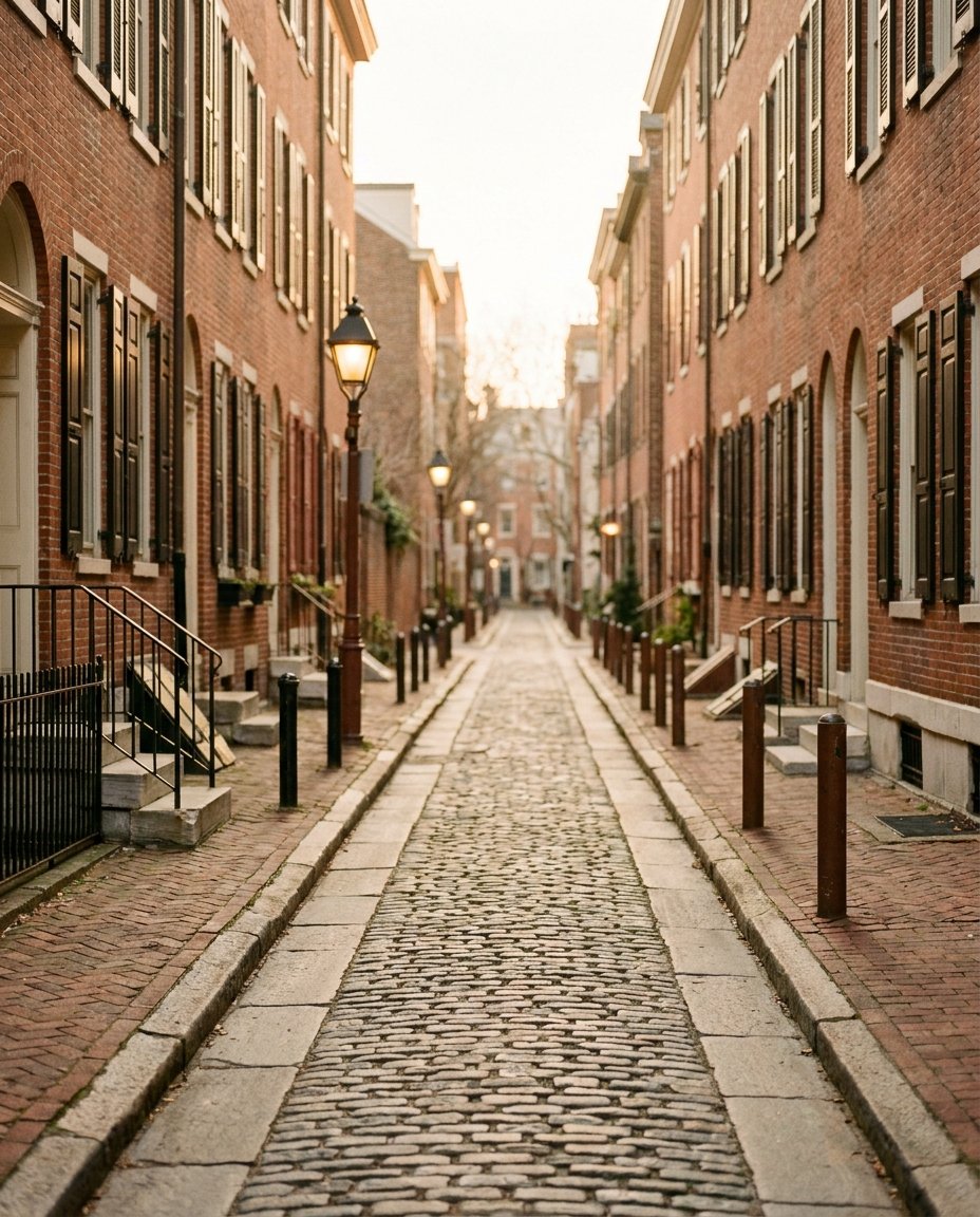A quiet cobblestone street lined with brick rowhomes in Old City, Philadelphia