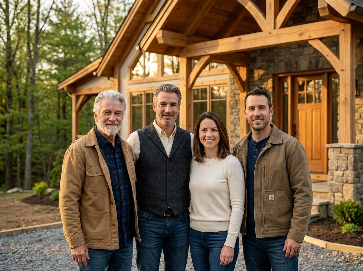 The Keystone Builders family team in front of a finished custom home