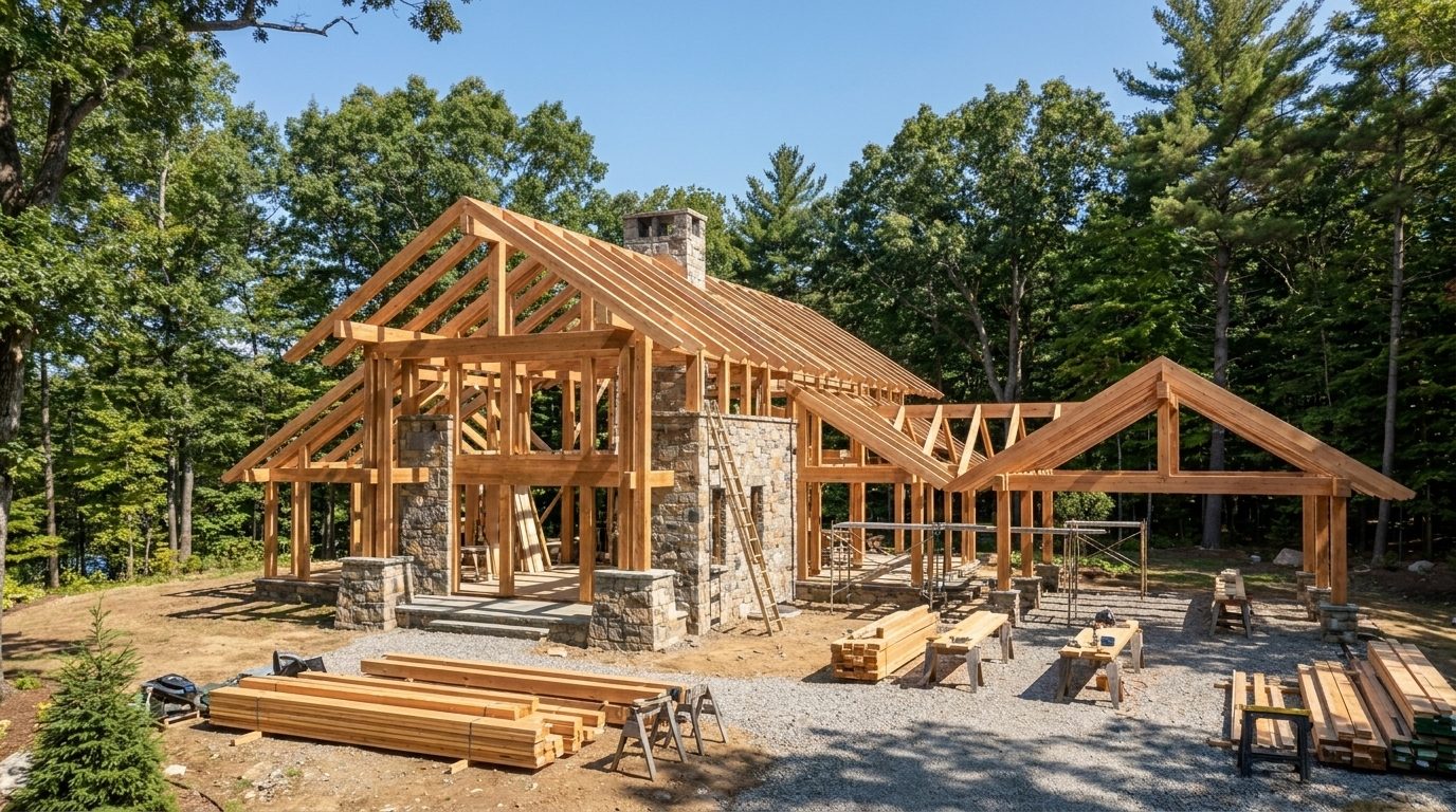 The Hollowbrook Estate timber frame being raised on site