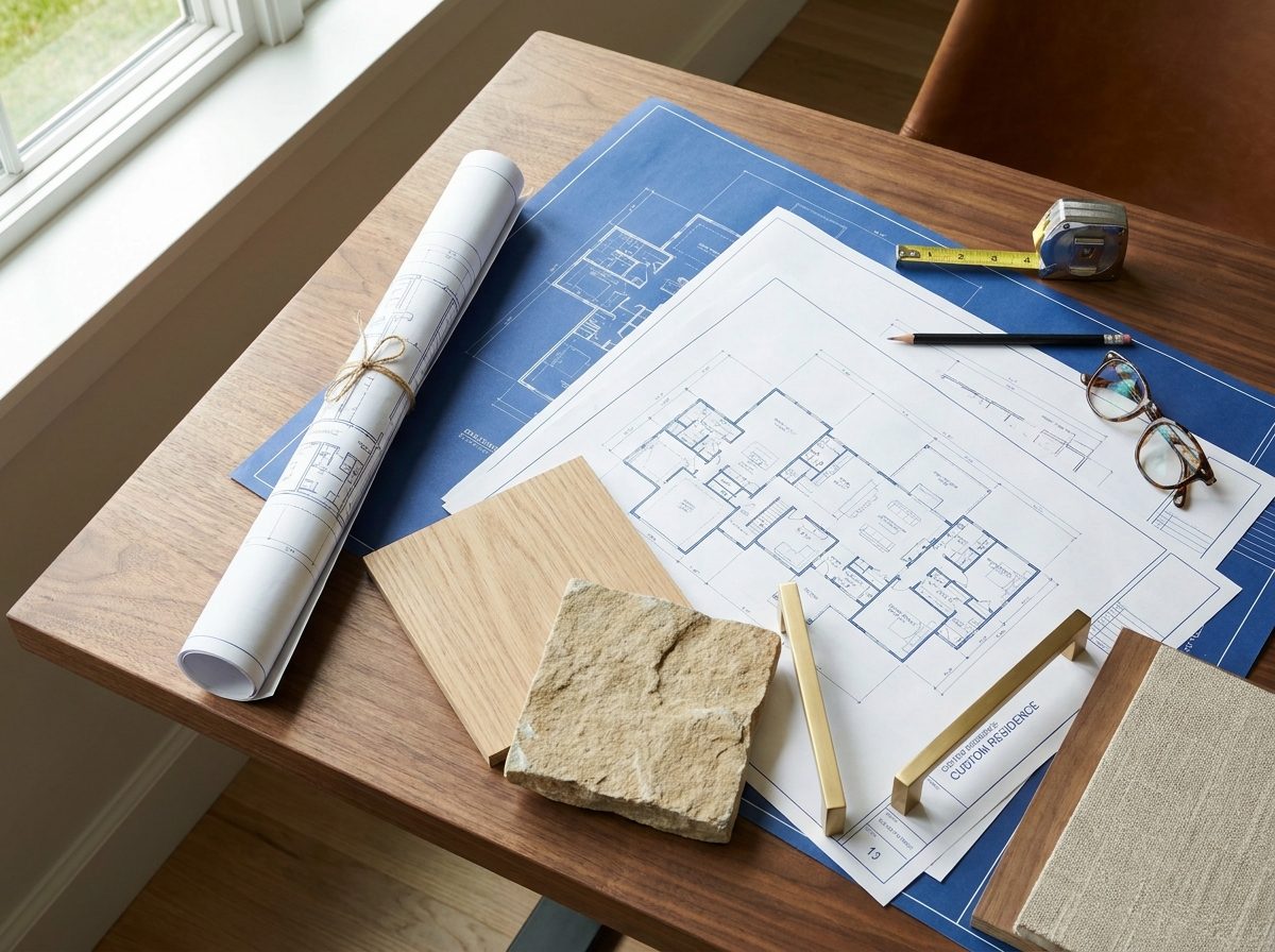 Design and material selection — blueprints with oak, stone, and brass finish samples