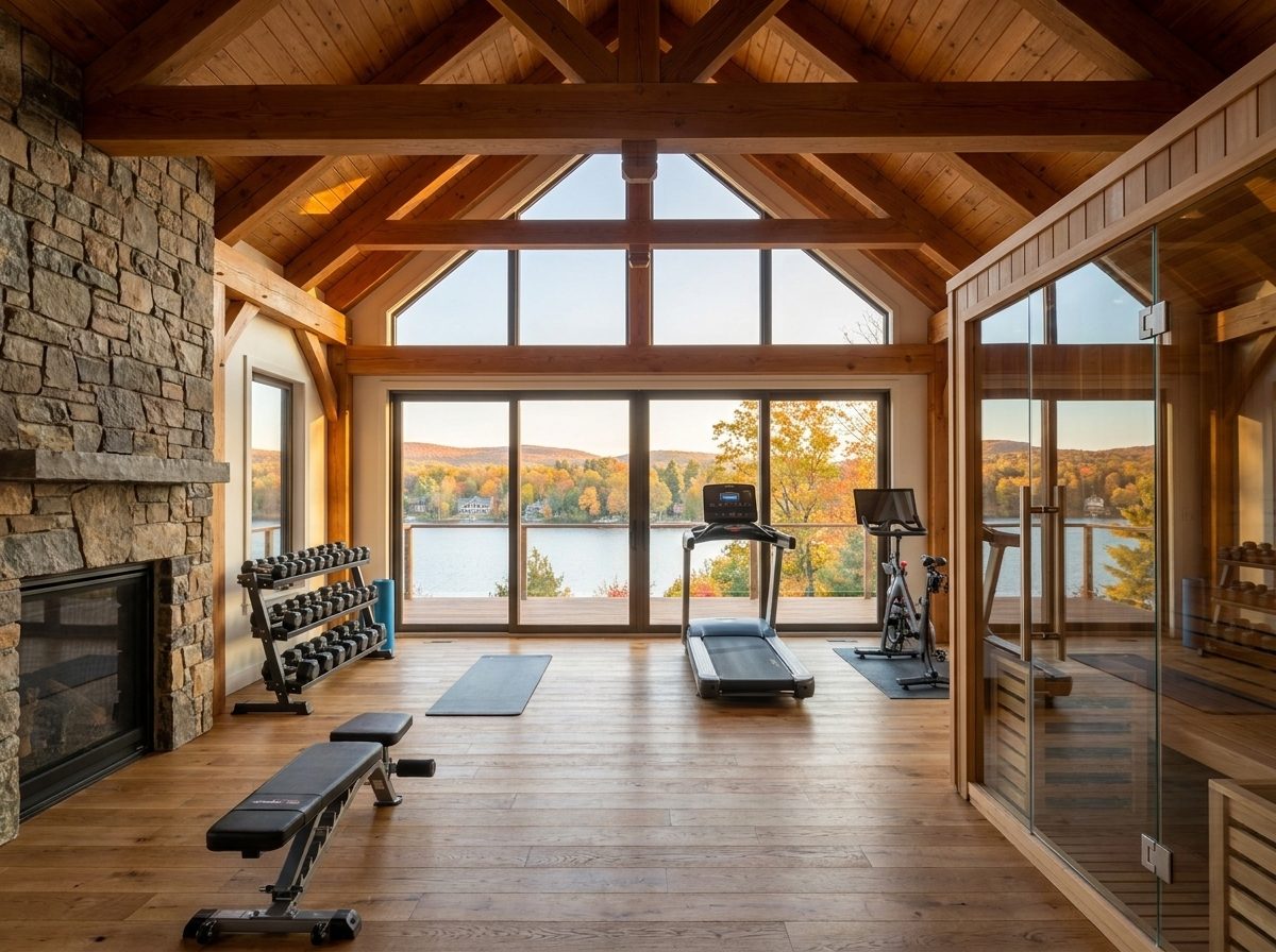 Ridgeview Retreat — home gym and wellness room with a Lake Harmony view