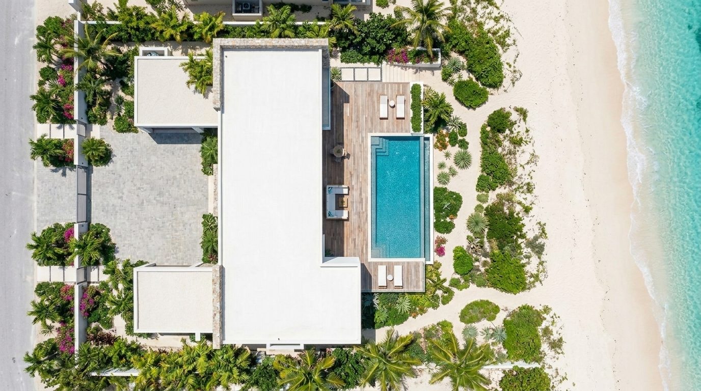 Aerial view of Coral Bay Villa and its grounds